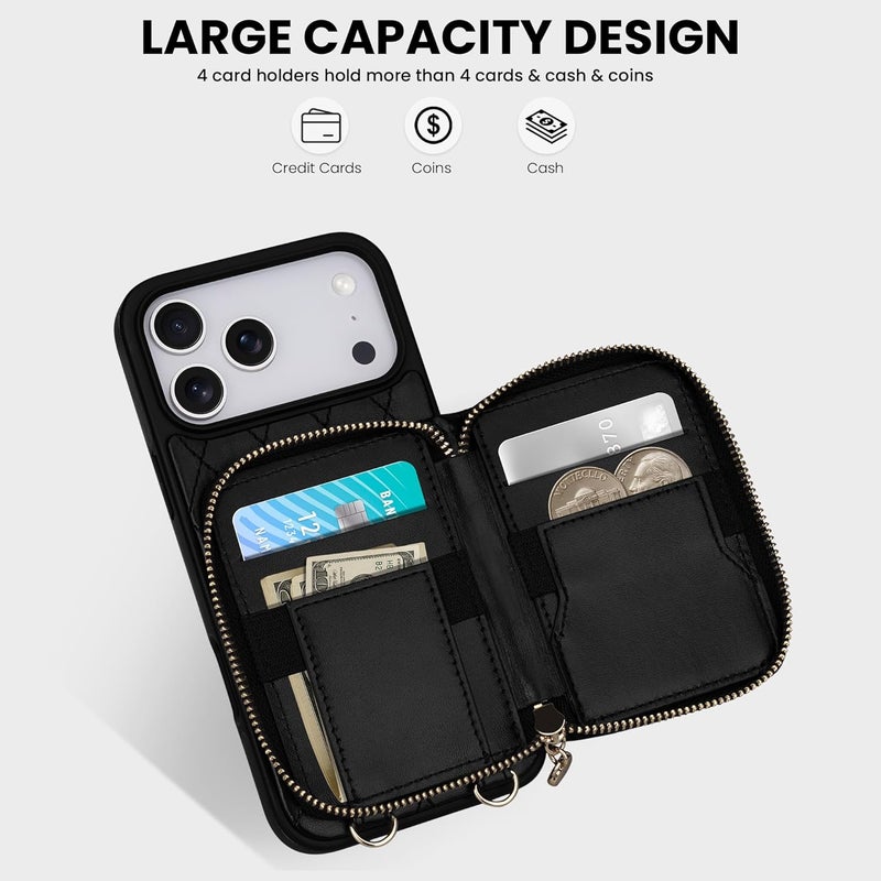 Keallce Case for iPhone 17 Pro Max 6.9'' Wallet Case, Crossbody Zipper Purse with Wrist Strap Lanyard Handbag, RFID Blocking Card Holders, Kickstand Flip Leather Cover for iPhone 17 Pro Max, Black - Image 2